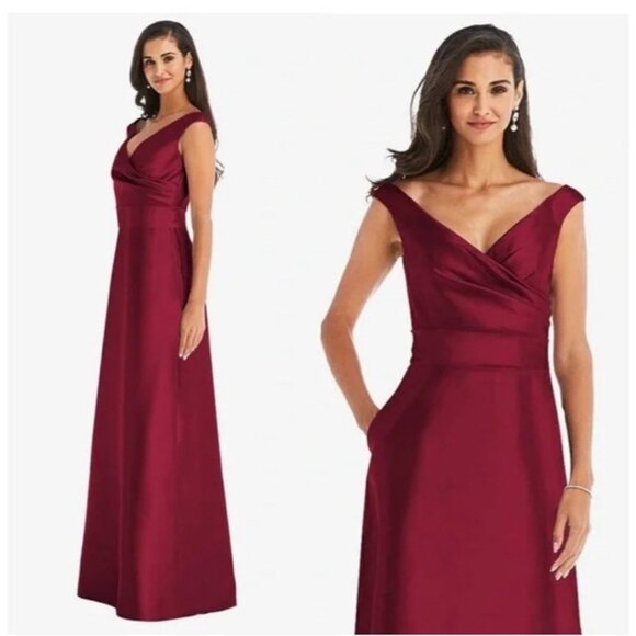 Alfred Sung Size 4 Burgundy D811S Off Shoulder Satin Maxi Gown Cocktail Dress - Picture 2 of 11